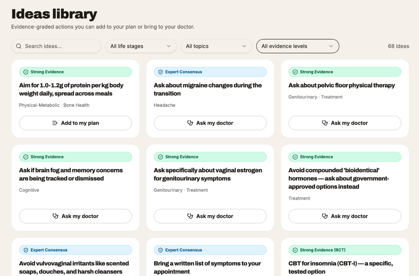 Rosu Ideas library showing evidence-graded action cards